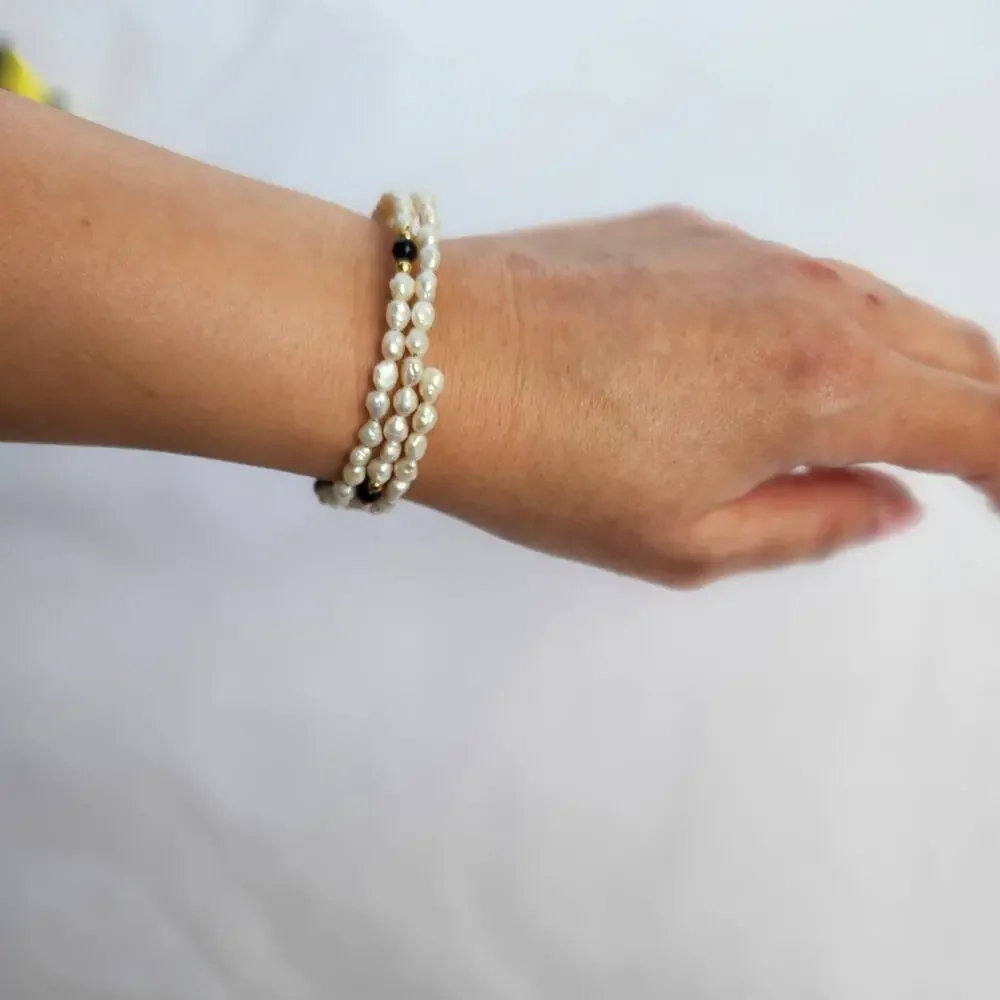 Wrap around bracelet genuine‎ rice pearls white  Onyx gold beaded boho artisan